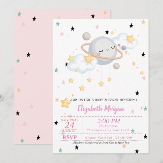 Planet, Wolken, Sterne, Babydusche Einladung (Vorne/Hinten)