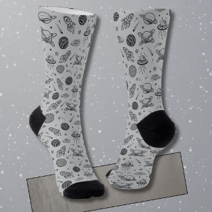 Planeten Raketen graue Kritzelzeichnung Weltraum  Socken