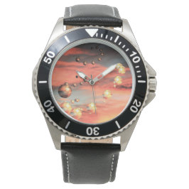 Planeten über schwarzem Leder Armbanduhr