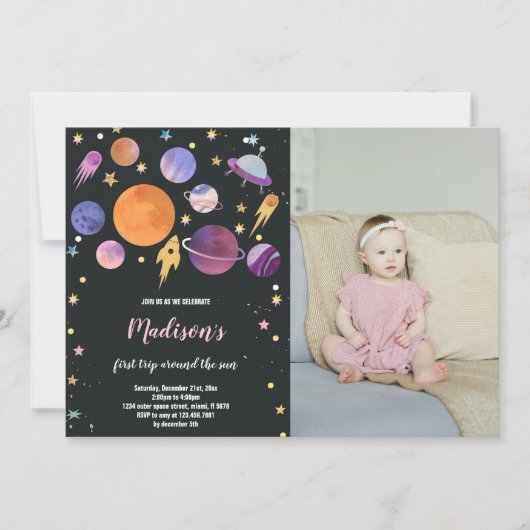 Planeten und Raketenschiff Einladung zum Geburtsta (Vorderseite)