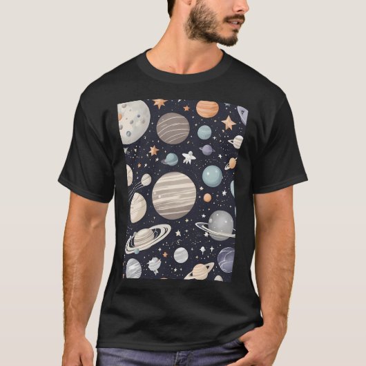 Planeten und Sterne Niedliches Random Muster T-Shirt (Vorderseite)