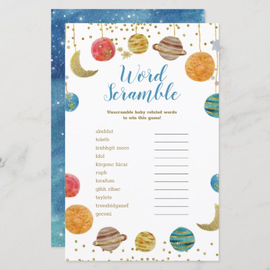 Planeten Weltraum Kinderdusche Word Scramble (Vorne/Hinten)