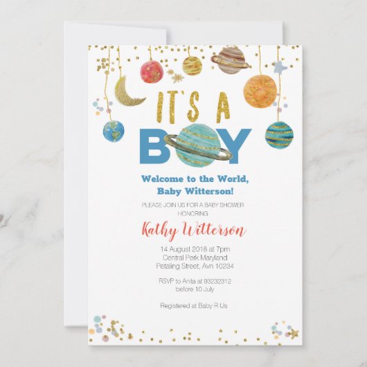 Planeten Weltraumdusche Einladung (Vorderseite)