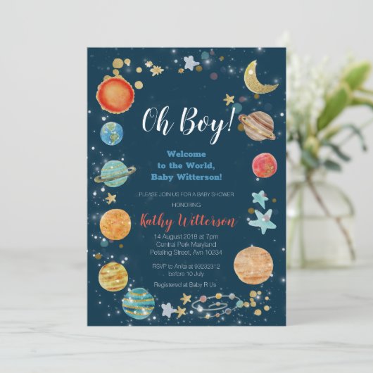 Planeten Weltraumdusche Einladung (Stehend Vorderseite)