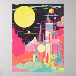 Planetenpanorama: Eine lebendige Stadt und kosmisc Poster