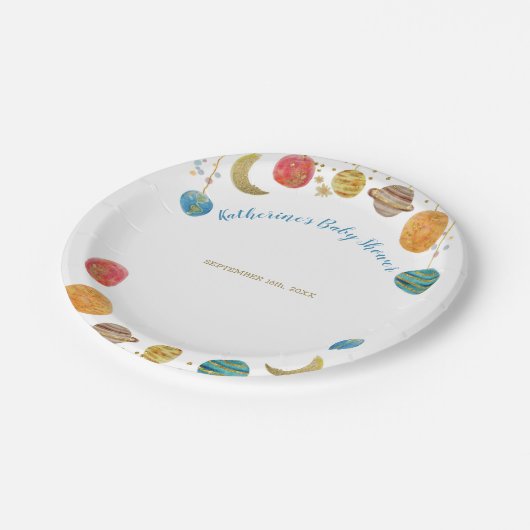 Planets Outdoor Space Baby Showdusche Gold Glitzer Pappteller (Schrägansicht)