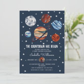 Planets Outer Space Boy Baby Shower Einladung (Stehend Vorderseite)