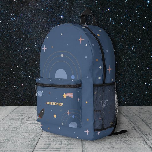 Planets & Rocket, Outer Space Blue Backpack Bedruckter Rucksack