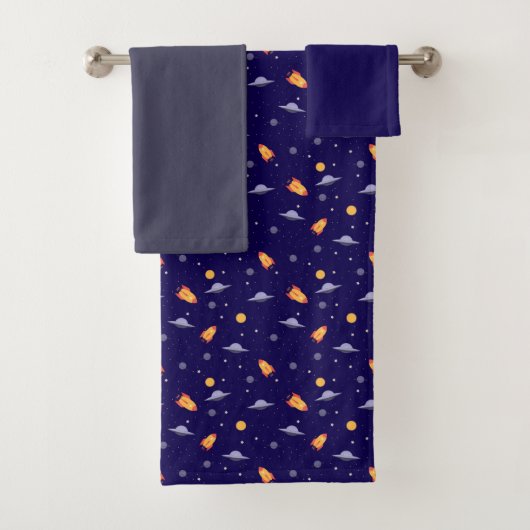 Planets stars pattern blue dark gray set Towel (Insitu)