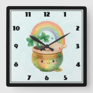 Planter mit Regenbogen und Klee Quadratische Wanduhr