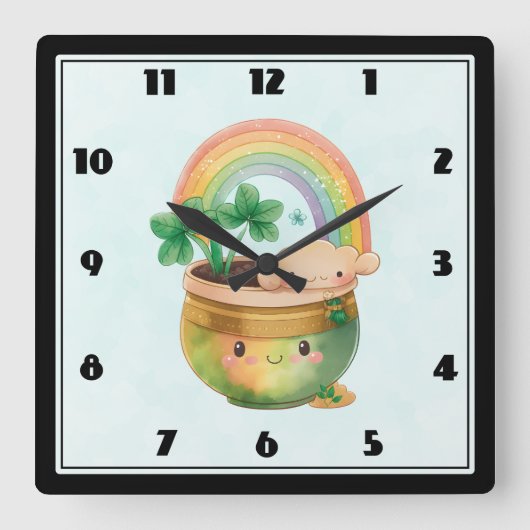 Planter mit Regenbogen und Klee Quadratische Wanduhr (Vorderseite)