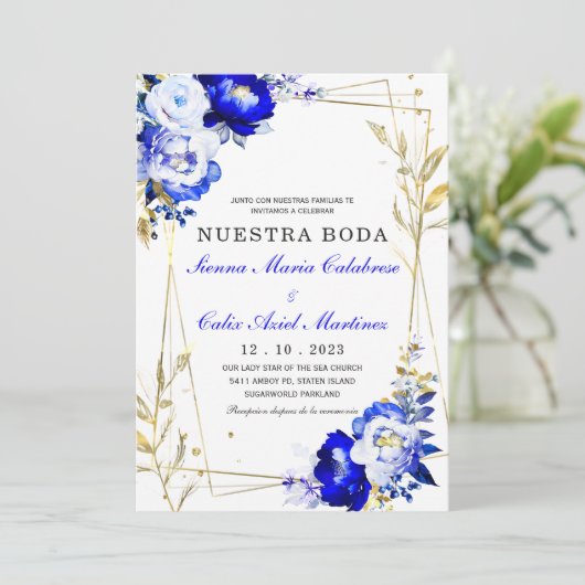 Plantilla de boda en azul real y dorado einladung (Stehend Vorderseite)