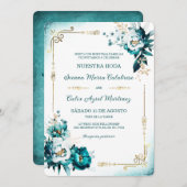 Plantilla de Boda Verde Azulado y Dorado Einladung (Vorne/Hinten)