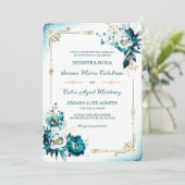 Plantilla de Boda Verde Azulado y Dorado Einladung (Stehend Vorderseite)