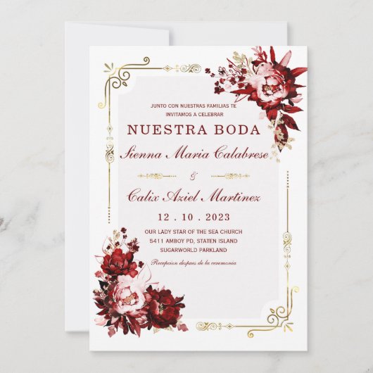 Plantilla Editable de Boda en Burdeos y Dorado Einladung (Vorderseite)