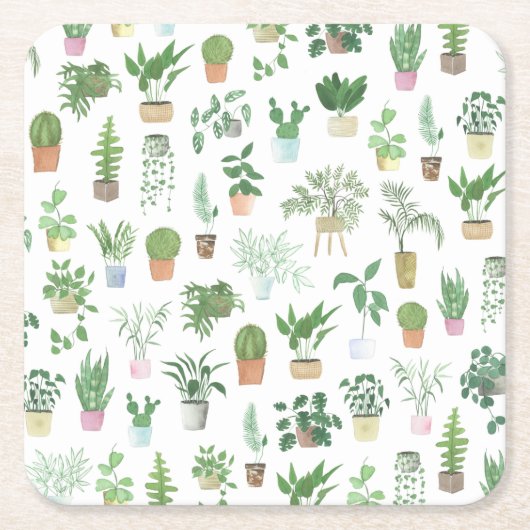 Plantita House Pflanze und Pots Muster Rechteckiger Pappuntersetzer (Vorderseite)