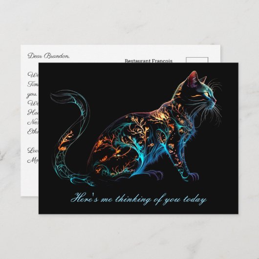 Plasma-Katze auf schwarz in lebhaften Farben Postkarte (Vorne/Hinten)