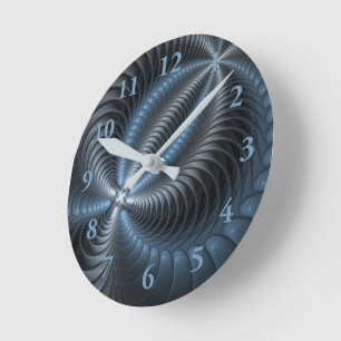 Plastisches Blau-Grau 3D-Fraktal-Art modernes Abst Runde Wanduhr