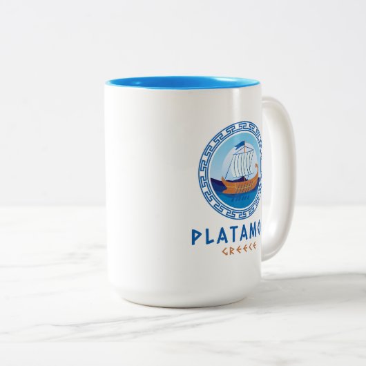 Platamon, Griechenland, griechisches Schiffsdesign Zweifarbige Tasse (VorderseiteRechts)
