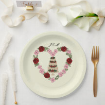 Plate cream cake topper with red rose heart