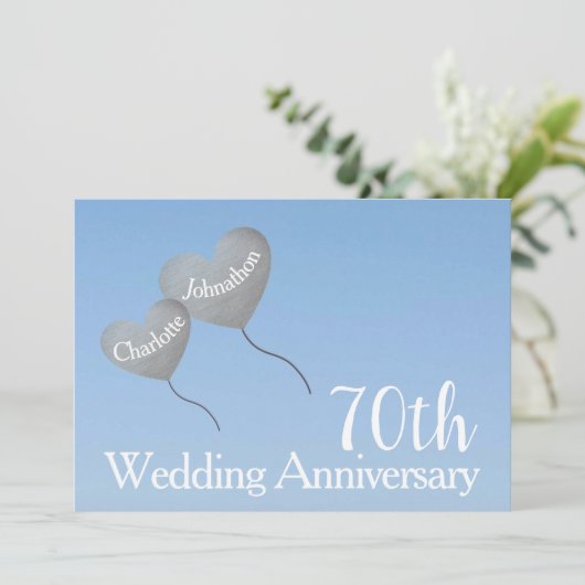 Platin-Herzballon zum 70. Hochzeitstag Einladung (Stehend Vorderseite)