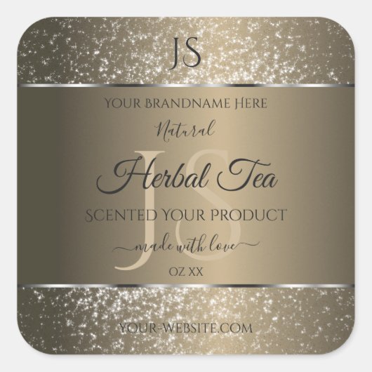 Platinbeige mit Glitzer Initial Product Label Quadratischer Aufkleber (Vorderseite)