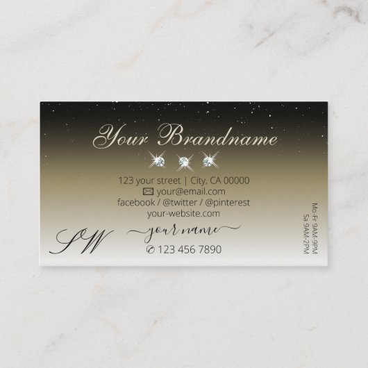 Platinum Beige Gradient Sparkle Diamonds Initialen Visitenkarte (Rückseite)