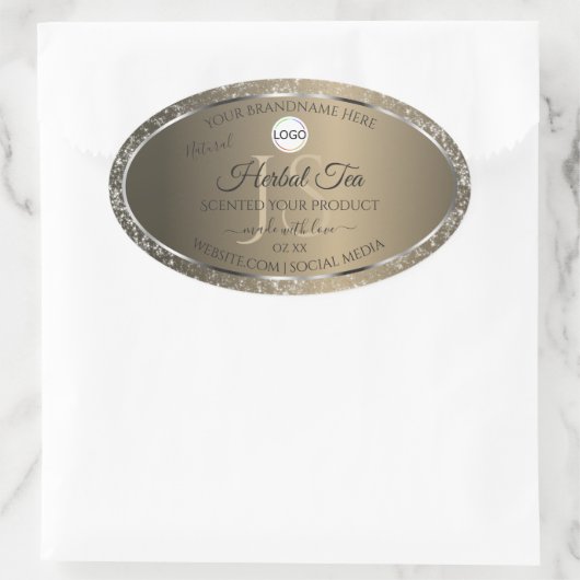 Platinum Beige Logo Initial Glitzer Product Label Ovaler Aufkleber (Tasche)
