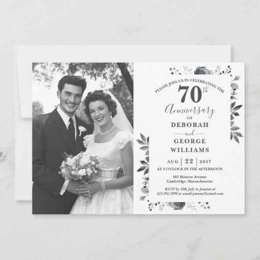 Platinum Floral 70. Hochzeitstag Foto Einladung (Vorderseite)