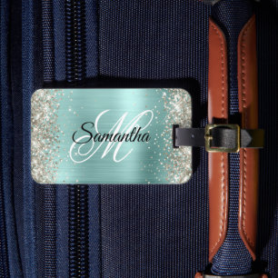 Platinum Glitzer Blasstürkis Extravagant Monogramm Gepäckanhänger