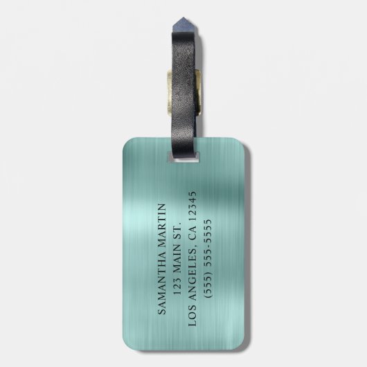 Platinum Glitzer Blasstürkis Extravagant Monogramm Gepäckanhänger (Rückseite vertikal)