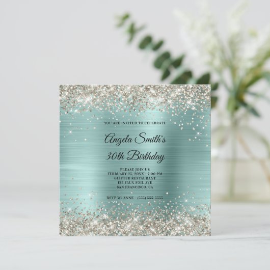 Platinum Glitzer Pale Turquoise Foil Monogramm Einladung (Stehend Vorderseite)