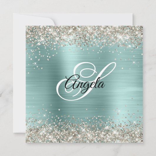 Platinum Glitzer Pale Turquoise Foil Monogramm Einladung (Rückseite)