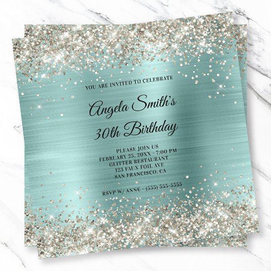 Platinum Glitzer Pale Turquoise Foil Monogramm Einladung