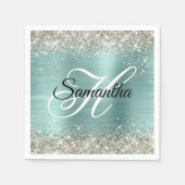 Platinum Glitzer Pale Turquoise Foil Monogramm Serviette (Vorderseite)