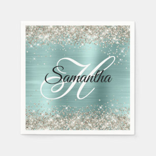 Platinum Glitzer Pale Turquoise Foil Monogramm Serviette