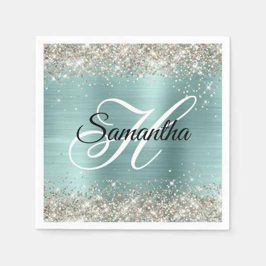Platinum Glitzer Pale Turquoise Foil Monogramm Serviette (Vorderseite)