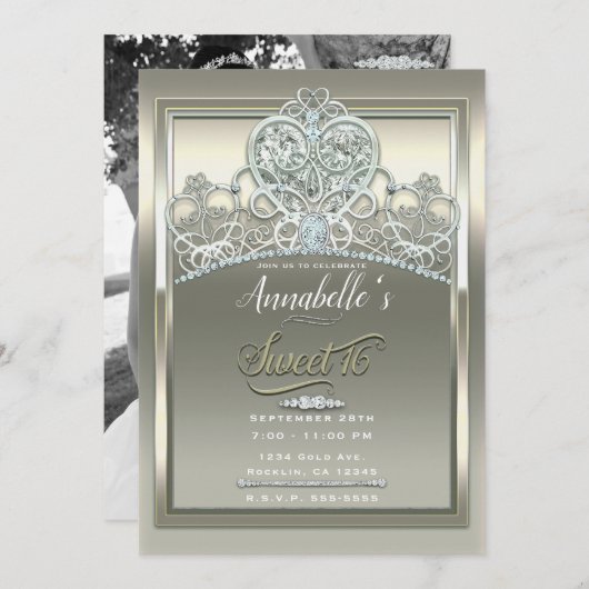 Platinum Ivory Princess Heart Tiara Sweet 16 Party Einladung (Vorne/Hinten)