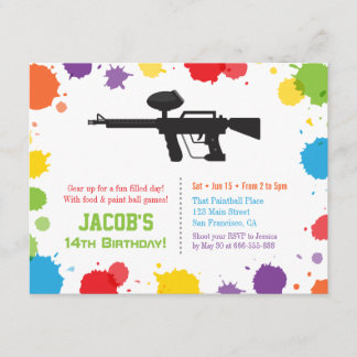 Platsches Farben-Gewehrpaintball-Geburtstags-Party Einladung