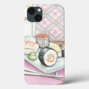 Platte der sortierten Sushi mit Essstäbchen iPhone 13 Hülle