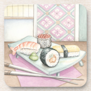 Platte der sortierten Sushi mit Essstäbchen Getränkeuntersetzer