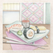 Platte der sortierten Sushi mit Essstäbchen Glasuntersetzer (Vorderseite)