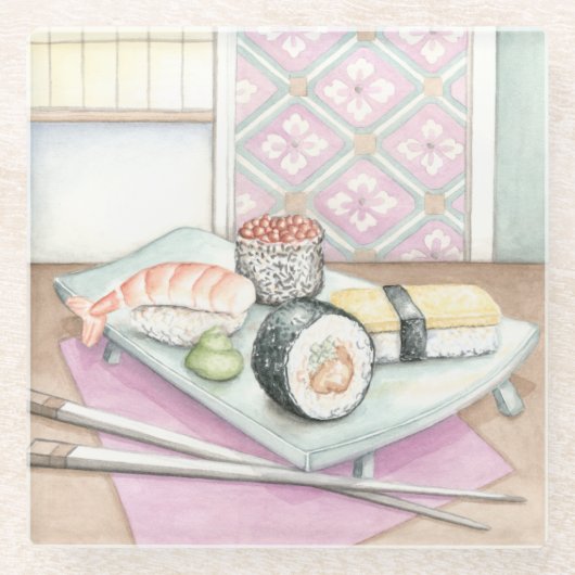 Platte der sortierten Sushi mit Essstäbchen Glasuntersetzer (Vorderseite)
