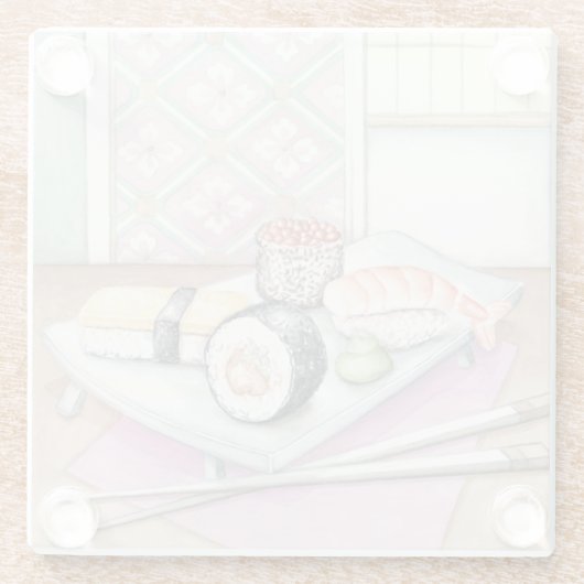 Platte der sortierten Sushi mit Essstäbchen Glasuntersetzer (Rückseite)