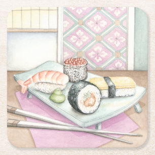 Platte der sortierten Sushi mit Essstäbchen Rechteckiger Pappuntersetzer