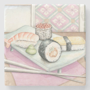 Platte der sortierten Sushi mit Essstäbchen Steinuntersetzer