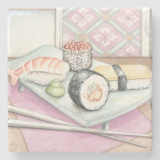 Platte der sortierten Sushi mit Essstäbchen Steinuntersetzer (Vorderseite)