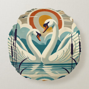Plattensee mit Schwänen - Retro-Stil Rundes Kissen