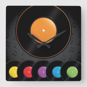 Plattenspieler-Schallplatten in lebendigen Farben Quadratische Wanduhr