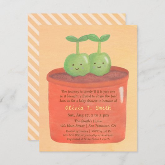 Platterbsen in einer Pot Twin Baby Dusche Einladun Einladung (Vorne/Hinten)